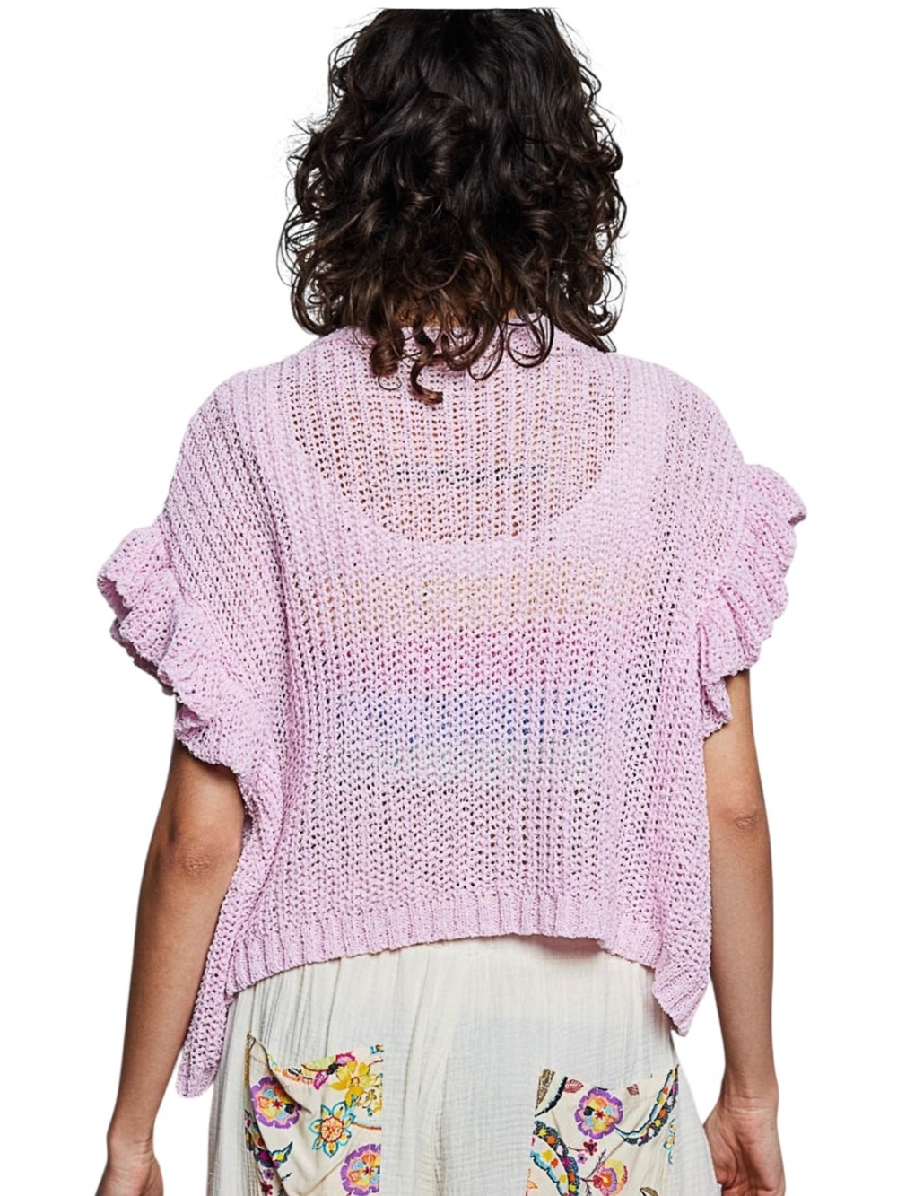 POL Pink Pastel Crochet Knit Open-Front Ruffle Short Sleeve Cardigan - Picture 3 of 6